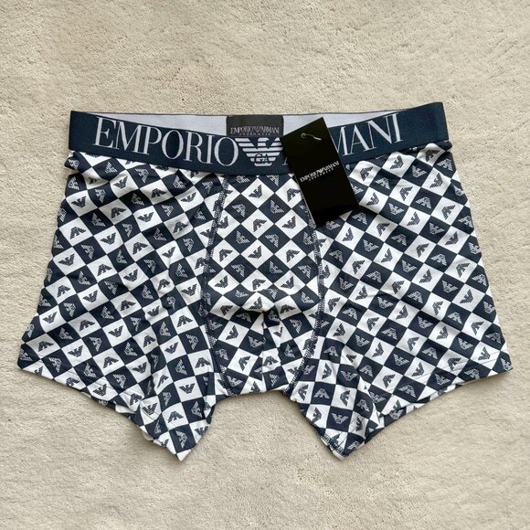 NWT Authentic GA EMPORIO ARMANI All-Over Logo STRETCH COTTON TRUNKS (2) Size M - Picture 2 of 15